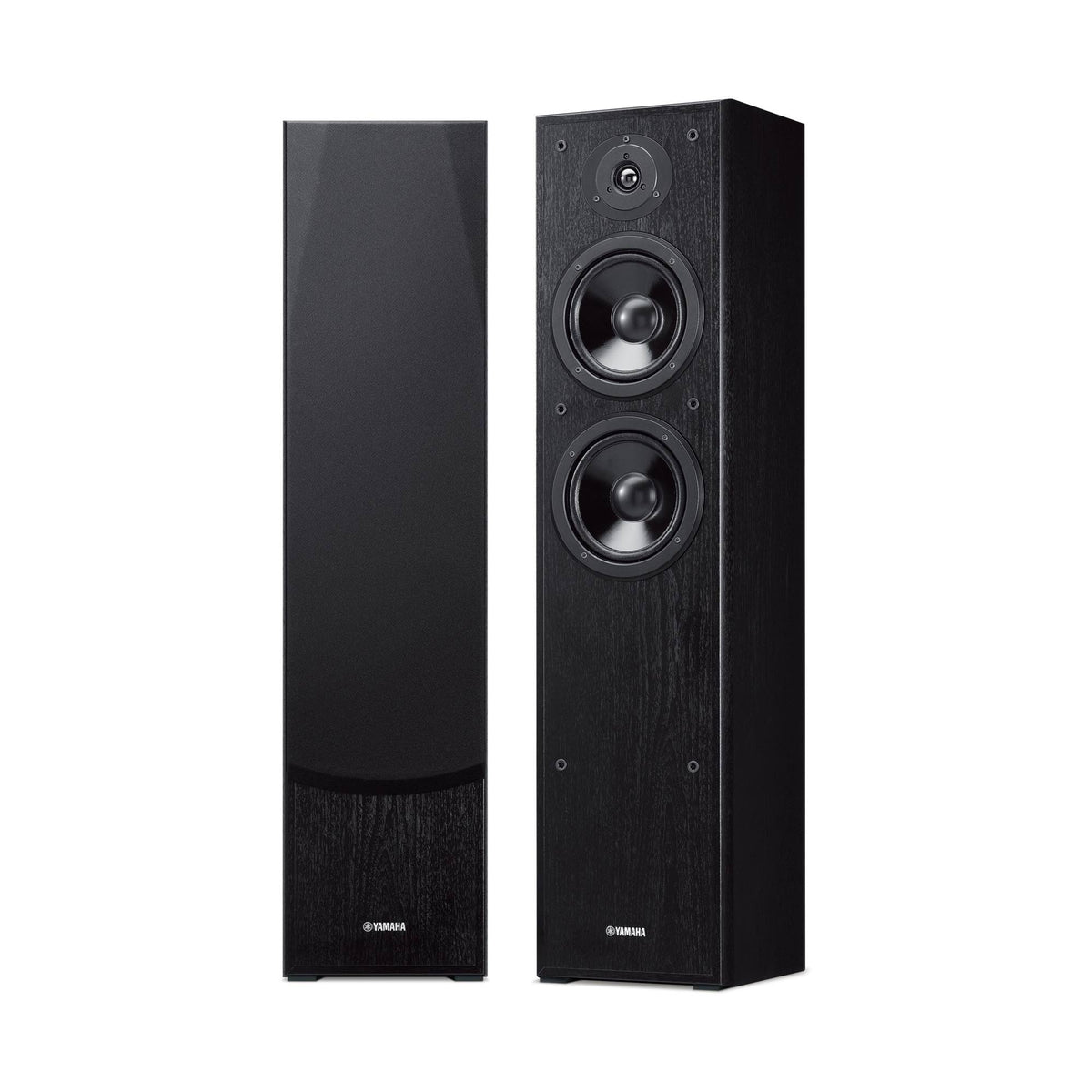 Yamaha NS-F51 Floorstanding Speakers, black speaker pair with and without grille
