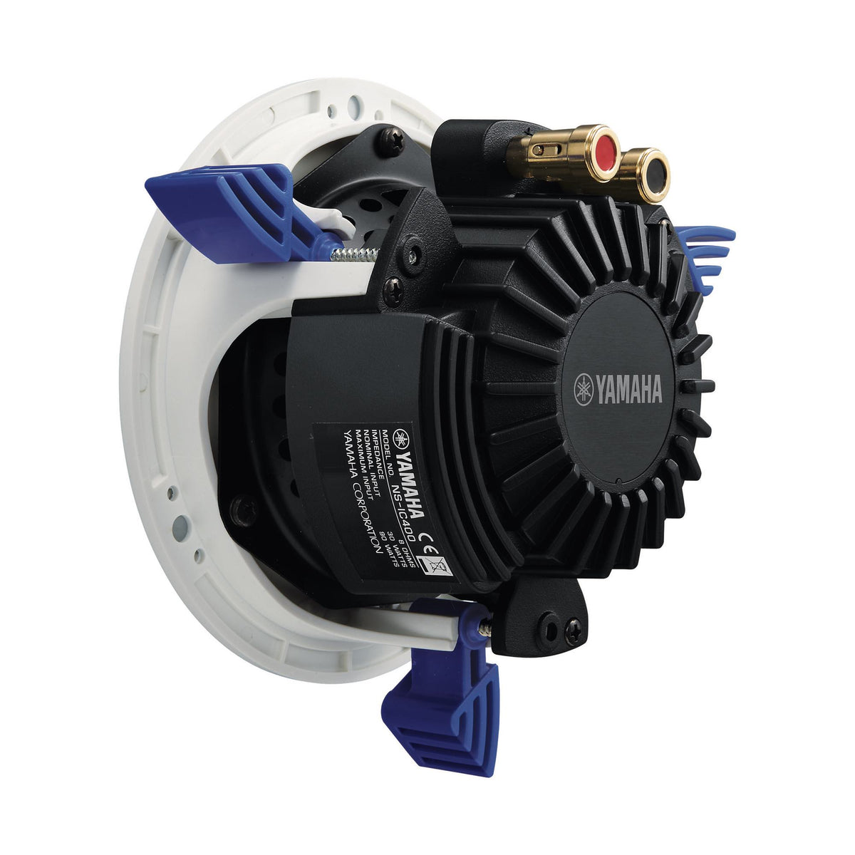 Yamaha NS-IC400 įmontuojamos garso kolonėlės (baltos), galinė dalis, gnybtai ir montavimo fiksatoriai