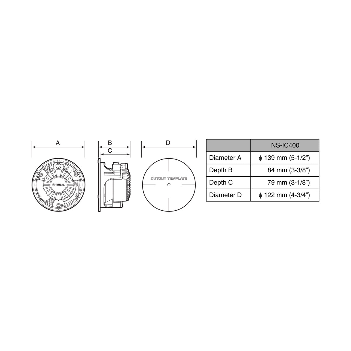 Yamaha NS-IC400 įmontuojamos garso kolonėlės, gamintojo montavimo matmenų schema