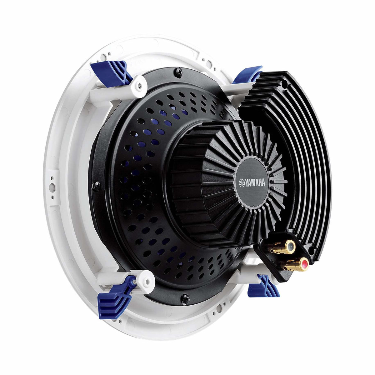 Yamaha NS-IC800 įmontuojamos garso kolonėlės (baltos), galinė dalis, gnybtai ir montavimo fiksatoriai