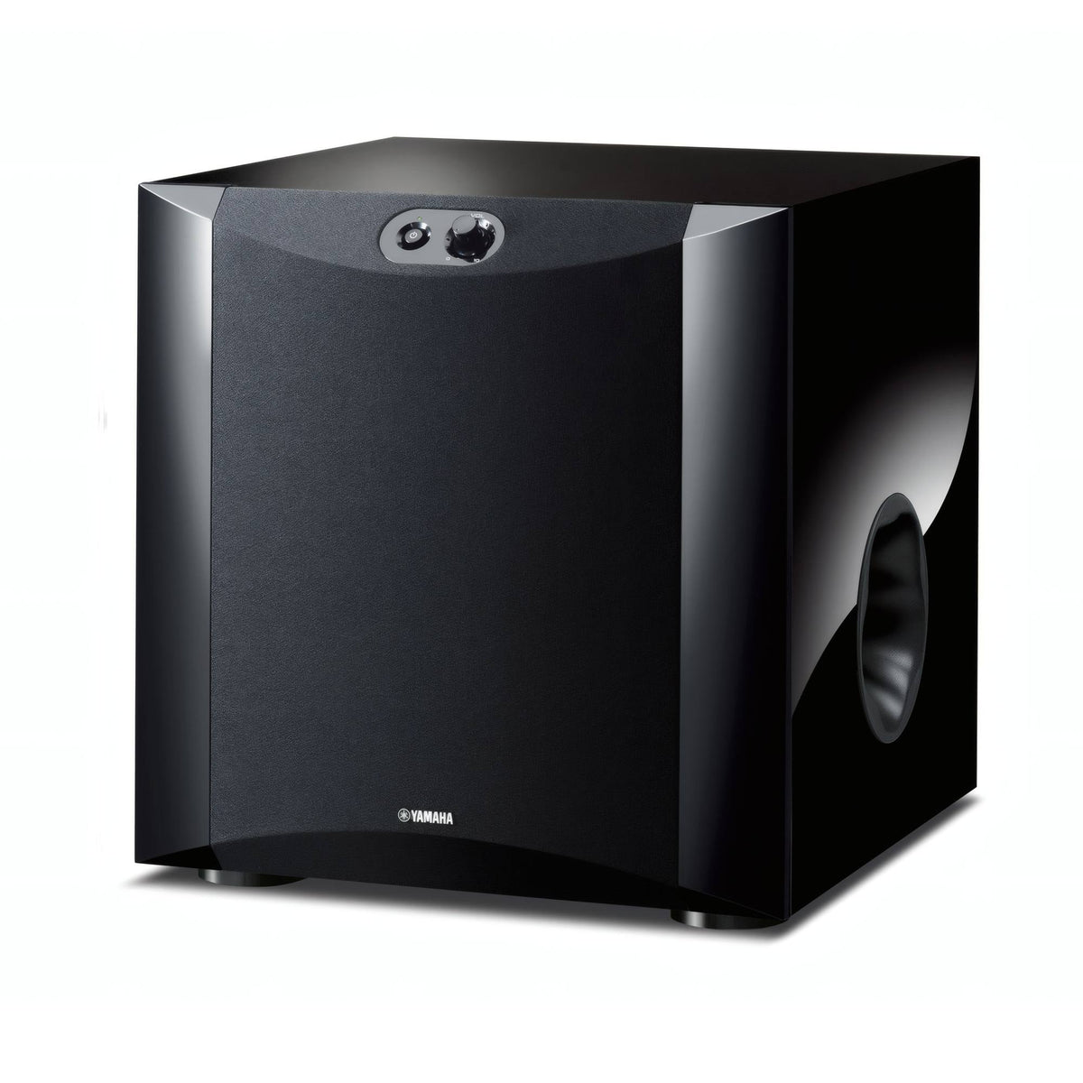 Yamaha NS-SW300 aktyvi žemų dažnių kolonėlė (juoda blizgi apdaila), priekinė dalis ir šoninė Twisted Flare Port anga