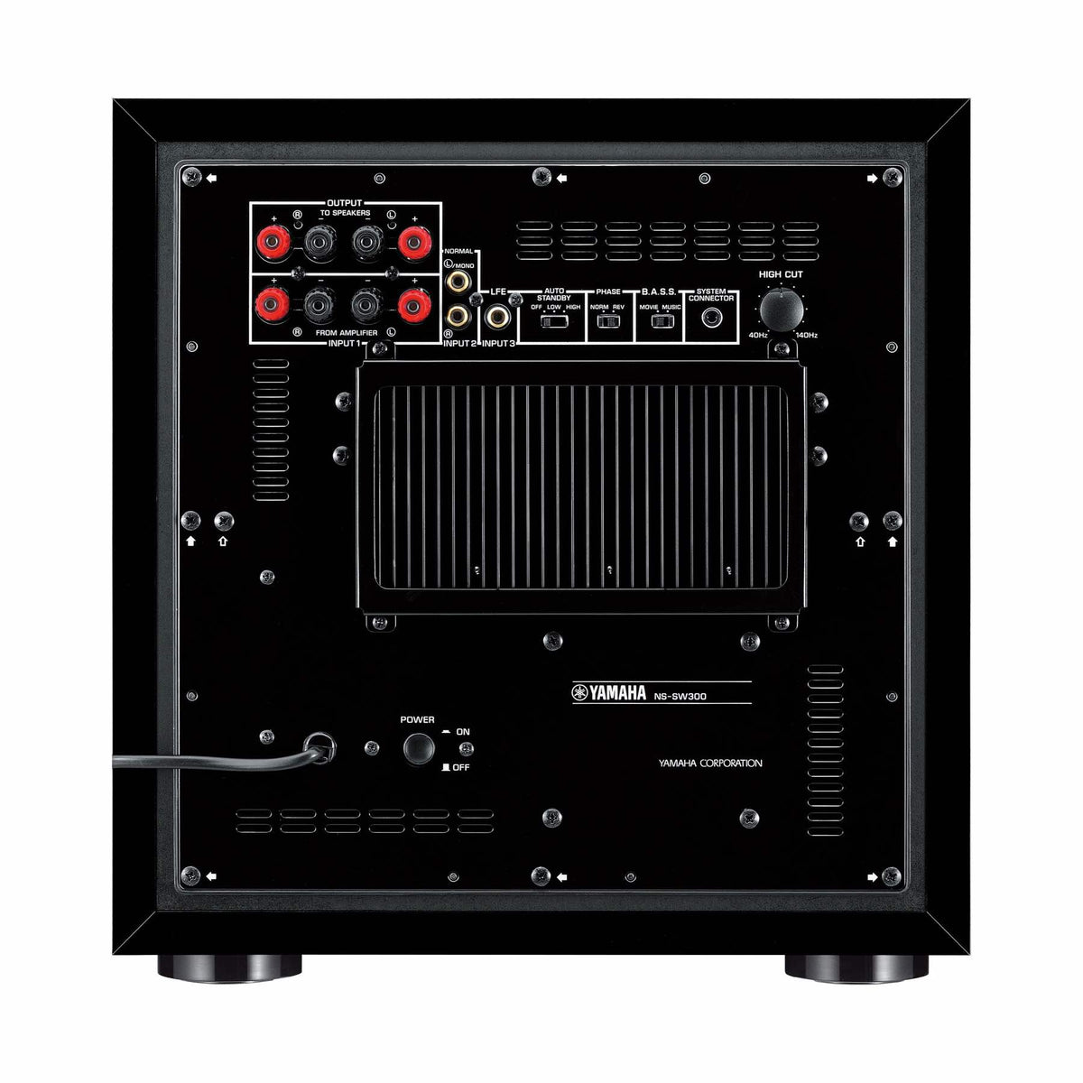 Yamaha NS-SW300 aktyvi žemų dažnių kolonėlė (juoda blizgi apdaila), galinis skydelis, jungtys ir reguliatoriai