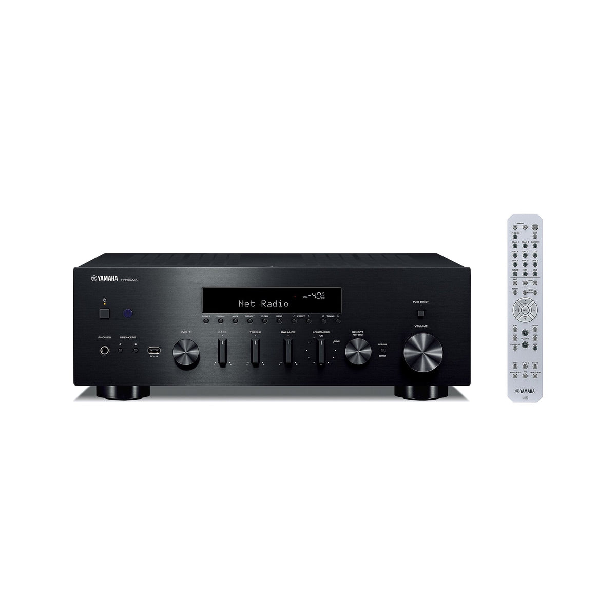 Yamaha R-N600A Network Receiver, black, front view with remote control