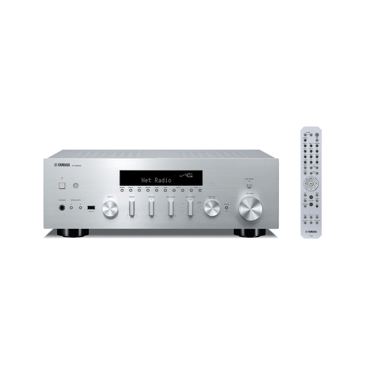Yamaha R-N600A Network Receiver, silver, front view with remote control