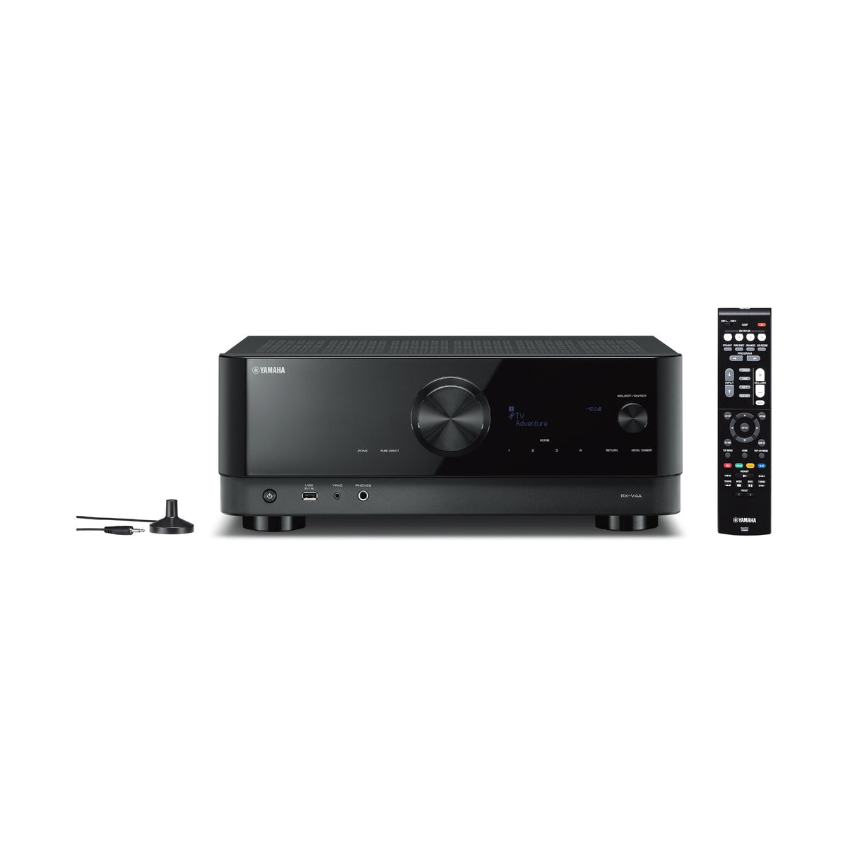 Yamaha RX-V4A namų kino AV stiprintuvas (juoda spalva), priekinė dalis ir nuotolinio valdymo pultas