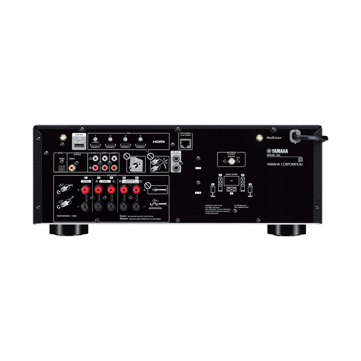 Yamaha RX-V4A namų kino AV stiprintuvas (juoda spalva), europinio modelio galinis skydelis ir jungtys