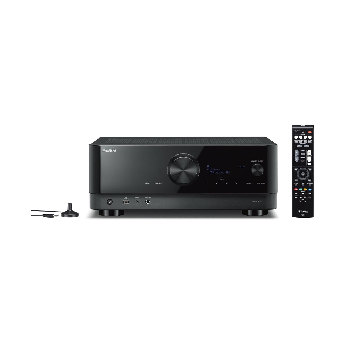 Yamaha RX-V6A namų kino AV stiprintuvas,  (juoda spalva), priekinė dalis, nuotolinio valdymo pultas ir YPAO mikrofonas