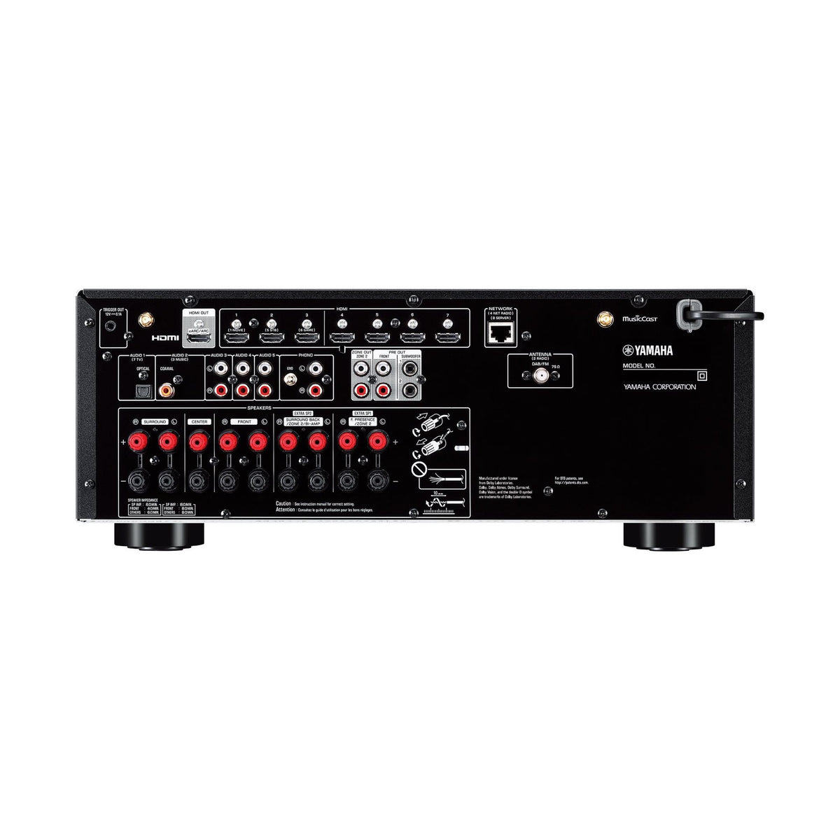 Yamaha RX-V6A namų kino AV stiprintuvas,  (juoda spalva), europinio modelio galinis skydelis ir jungtys