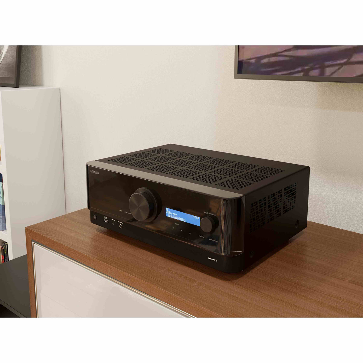 Yamaha RX-V6A namų kino AV stiprintuvas,  (juoda spalva), stiprintuvas ant lentynos