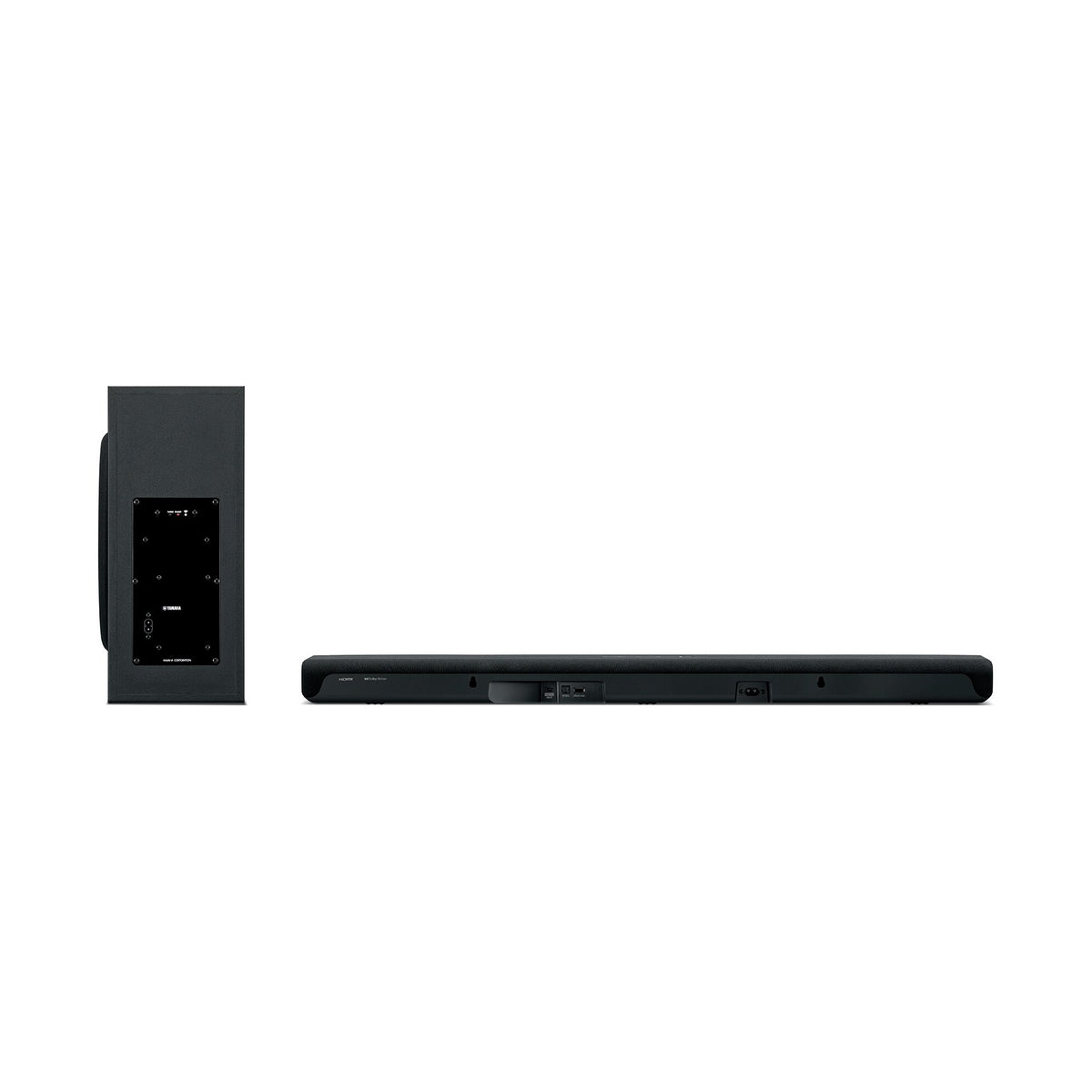 Yamaha SR-B40A Soundbar garso sistema,  (juoda spalva), pagrindinio įrenginio ir žemų dažnių kolonėlės galinės dalys