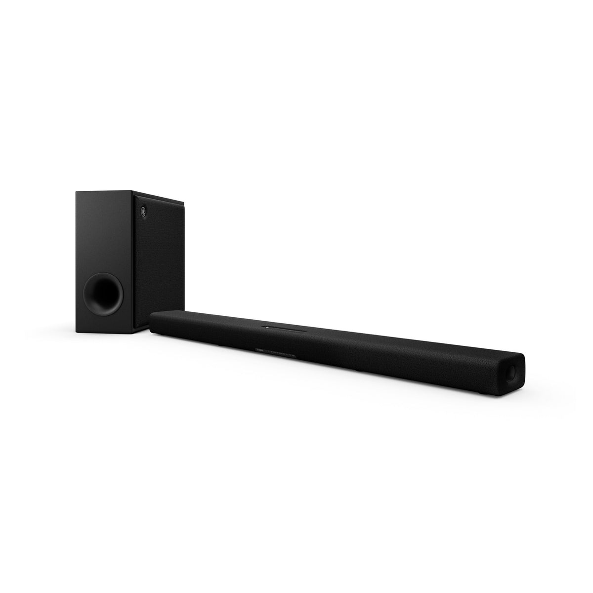 Yamaha SR-X50A Soundbar garso sistema,  (juoda spalva), pagrindinis įrenginys ir belaidė žemų dažnių kolonėlė, vaizdas kampu