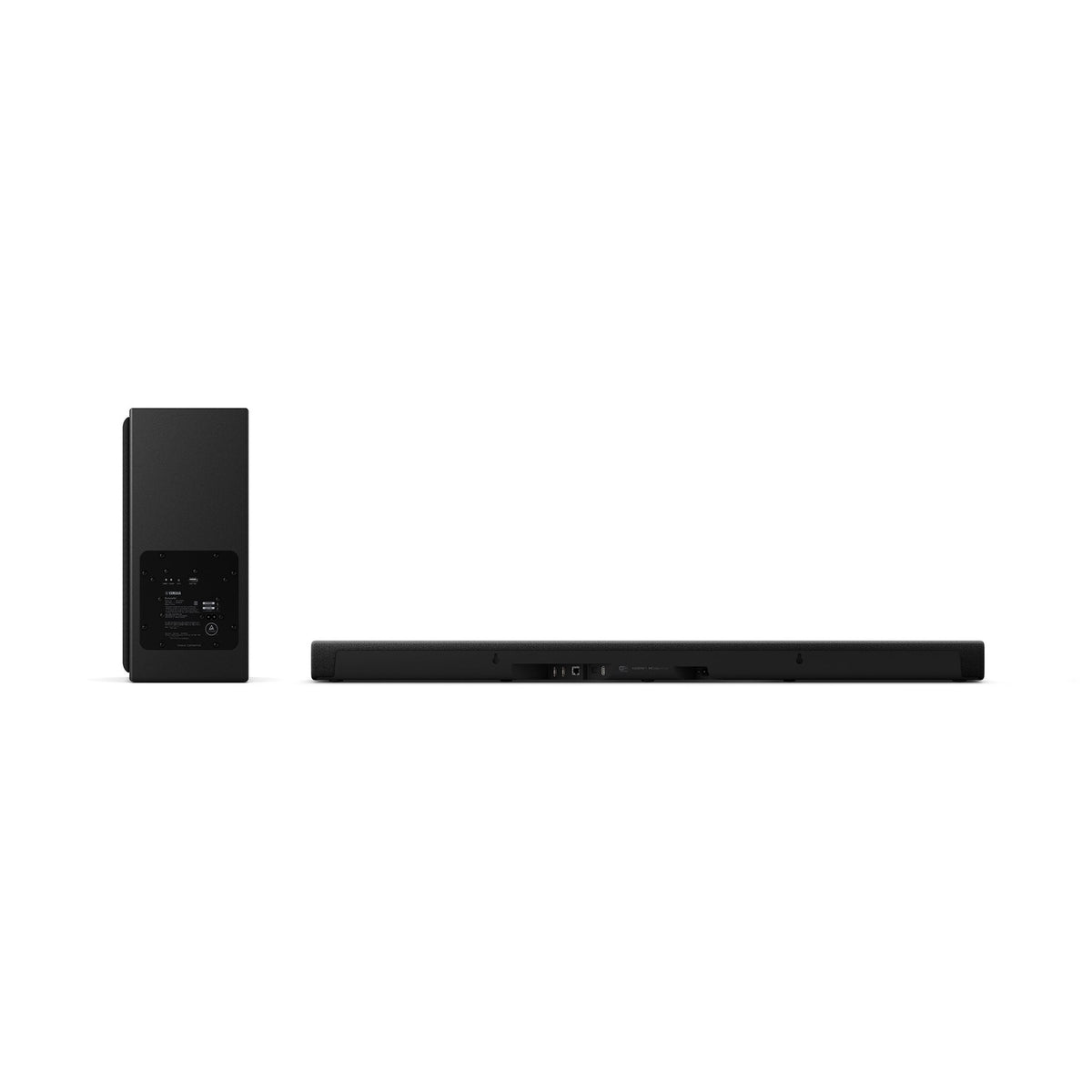 Yamaha SR-X50A Soundbar garso sistema,  (juoda spalva), pagrindinio įrenginio ir žemų dažnių kolonėlės galinės dalys