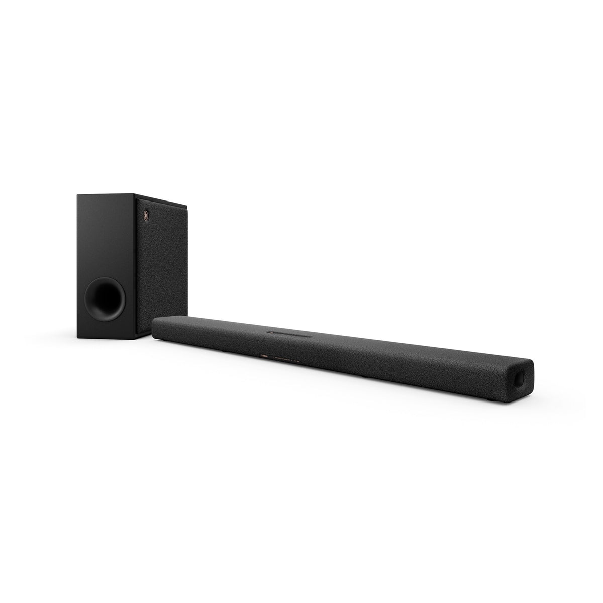 Yamaha TRUE X SURROUND 50A garso sistemos komplektas (anglies pilka spalva), komplekto pagrindinis įrenginys ir žemų dažnių kolonėlė, vaizdas kampu