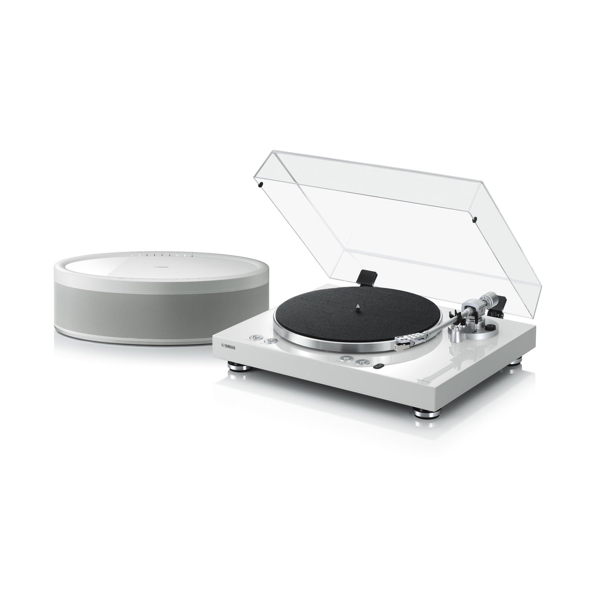 Yamaha TT-N503 patefonas su tinklo grotuvu (balta spalva), baltas patefonas su papildoma MusicCast 50 kolonėle